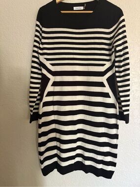 Calvin Klein Black and White Striped Long-Sleeve Knit Dress